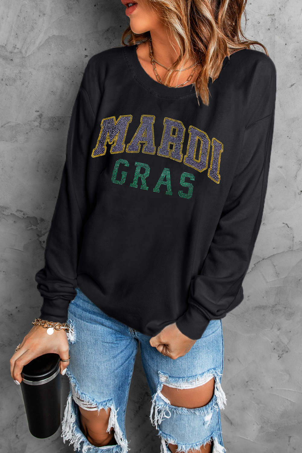 Black Rhinestone Mardi Gras Letter Graphic Drop Shoulder Sweatshirt