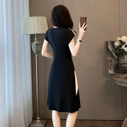 Temperament Waist-controlled Slimming Black And White Stitching Casual Dress