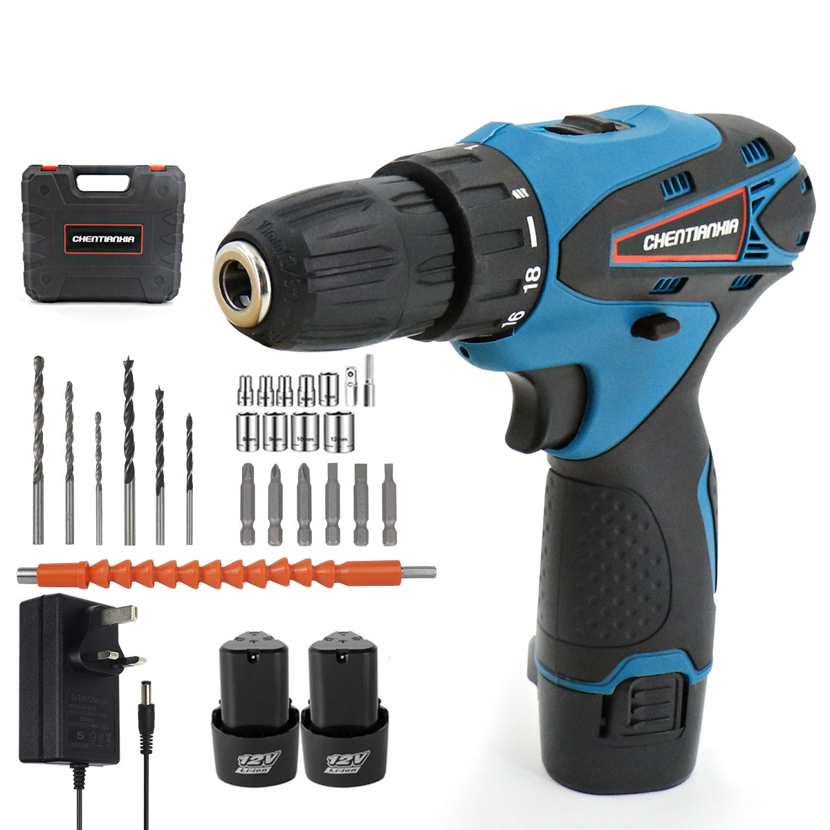 12V Cordless Drill Combi Driver High Power Electric Screwdriver Set 2 Battery