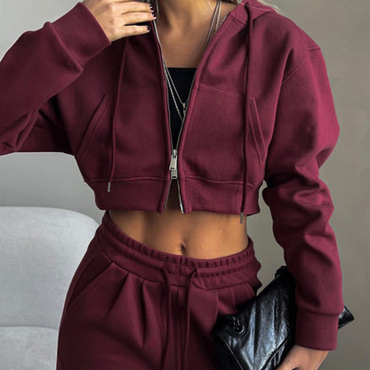 Casual Suit Solid Color Short Midriff Outfit Hooded Cardigan Lace-up Sweatpants