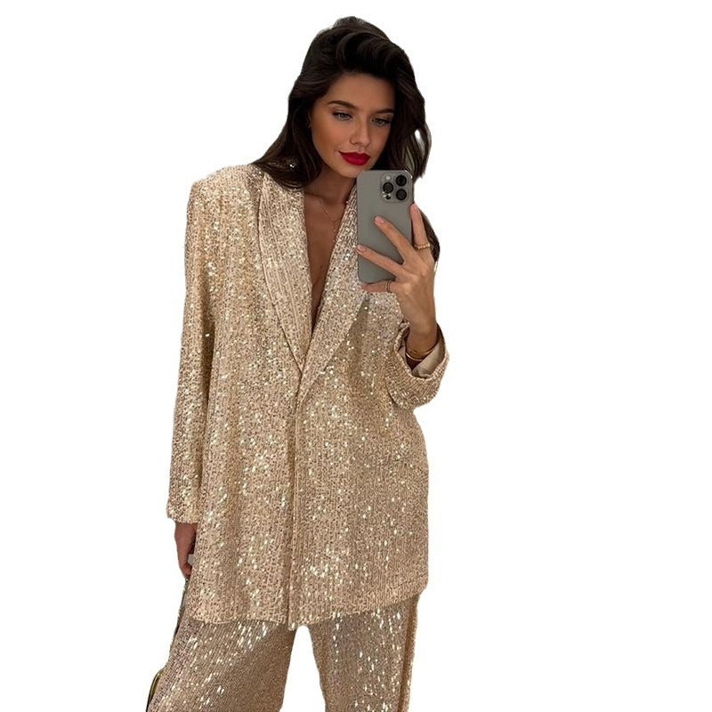 Casual Women's Clothing Sequin Blazer Trousers Suit