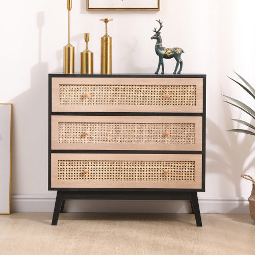 31.5 3-Drawers Rattan Storage Cabinet Rattan Drawer,for Bedroom,Living Room,Natural Drawer And Black Panel