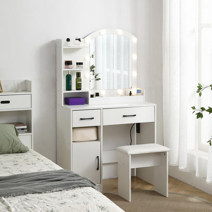 3 Color Lighting Modes With Adjustable Brightness, Dresser With 2 Drawers, Locker And Upholstered Stool, White