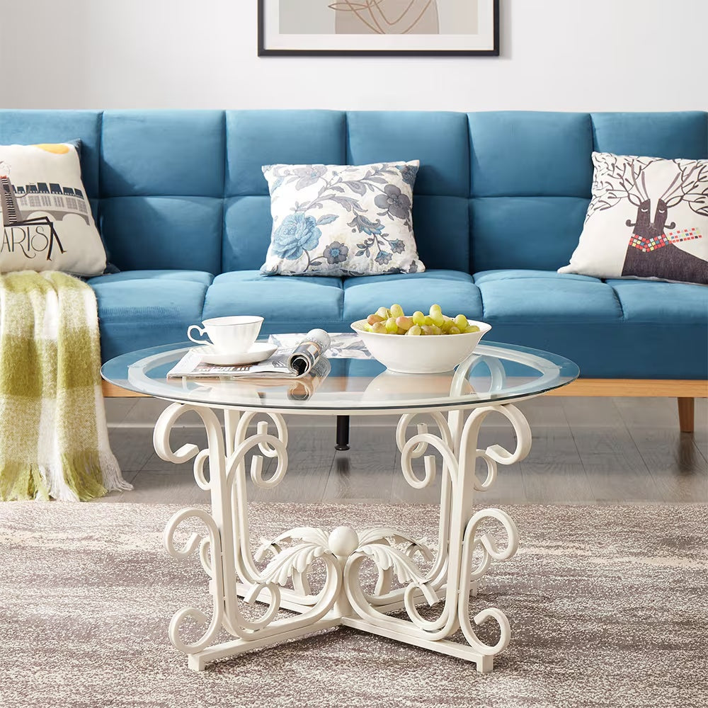 Round Tempered Glass Coffee Table With Metal Leaf Base, Casual Cocktail Table With Tempered Glass Top