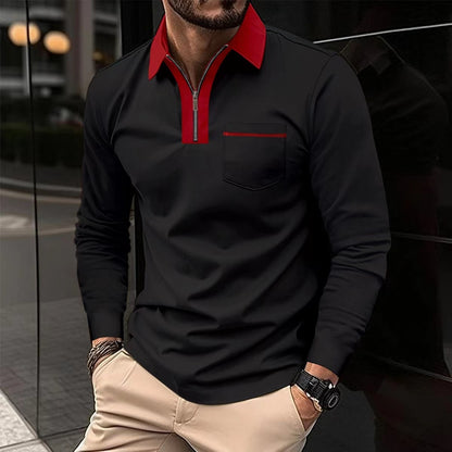 2024 Autumn Mens Long Sleeve Zipper Polo Shirts Casual Lapel Collar Zip Up Henley Shirts Cotton Sports Golf Tennis T-Shirts With Pockets