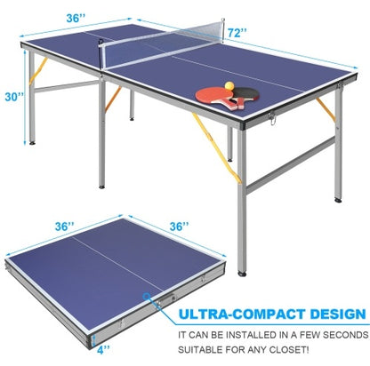 6ft Mid-Size Table Tennis Table Foldable Portable Ping Pong Table Set For Indoor  Outdoor Games With Net, 2 Table Tennis Paddles And 3 Balls