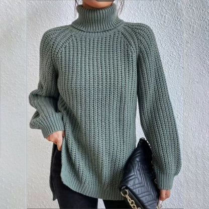 Turtleneck Pullover Sweater With Split Design Fashion Simple Solid Color Long Sleeve Tops Women's Clothing