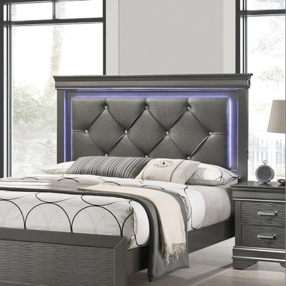 Dark Gray Faux Leather Tufted Headboard 1pc Queen Size Bed W LED Bedroom Furniture Gray Unique Texture FB Solid Wood