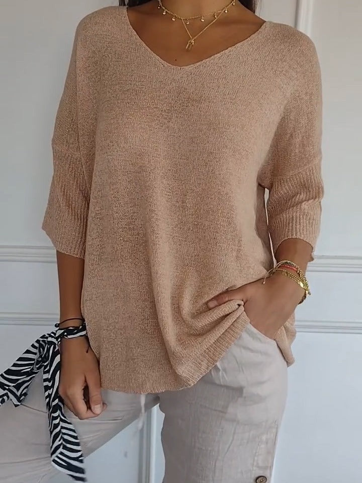 Solid Long Sleeve Sweater Slimming V-neckline Knitwear Women's Bottoming Shirt