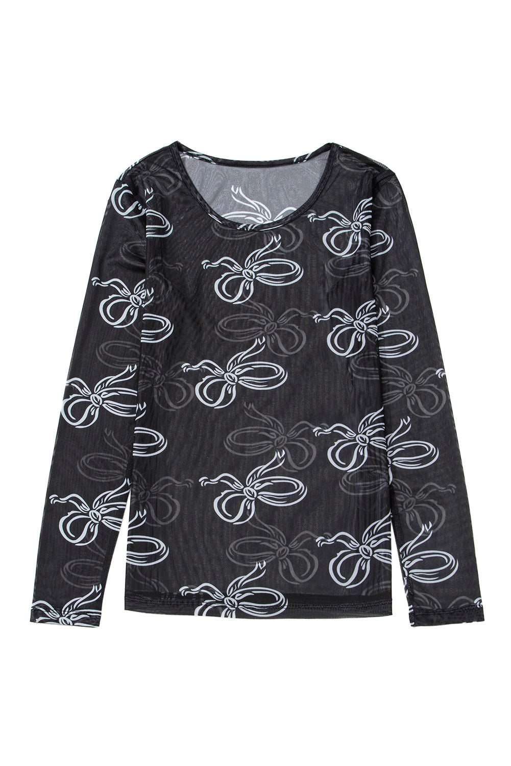 Black Bow Print Long Sleeve Mesh Top