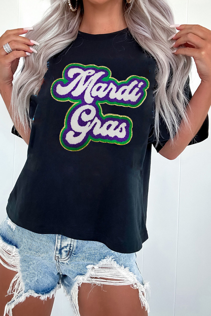 Black Mardi Gras Chenille Patched Graphic Tee