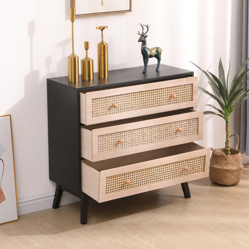 31.5 3-Drawers Rattan Storage Cabinet Rattan Drawer,for Bedroom,Living Room,Natural Drawer And Black Panel