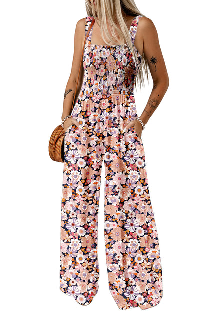 Black Floral Square Neckline Stretch High Waist Jumpsuit