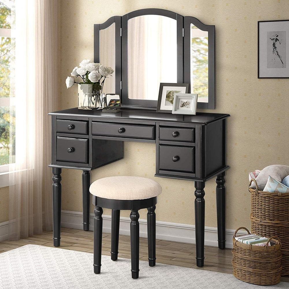 Vanity Table Set with Mirror and Stool, 5 Drawers Makeup Dressing Table with Cushioned Stool