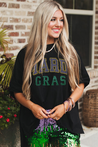 Black Rhinestone Mardi Gras Letter Graphic Oversized T Shirt