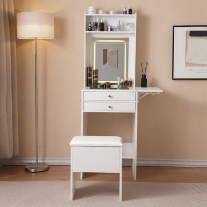 Vanity Desk With Lighted Mirror, Makeup Vanity Desk With Drawers And Storage Cabinet For Bedroom, Glass Desktop, 3 Lighting Modes Adjustable Brightness, Storage Stool, White