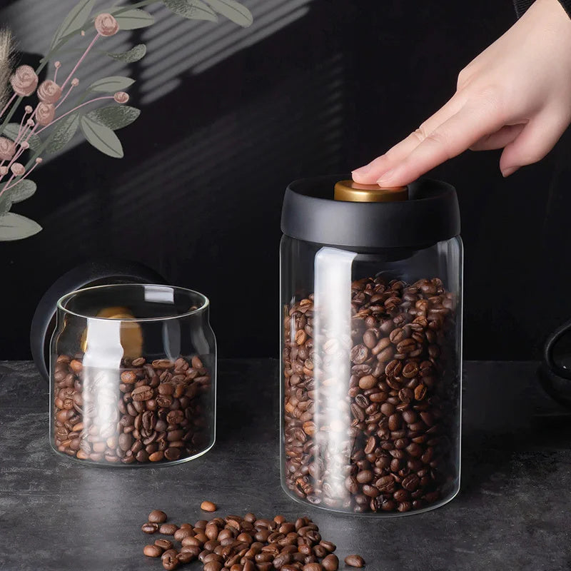 Vacuum Sealed Jug Set Black Coffee Beans Glass Airtight Canister Kitchen Food Grains Candy Keep Good Storage Jar Set Kitchen Gadgets