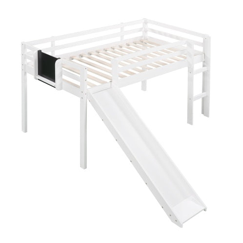 Twin Size Loft Bed Wood Bed With Slide, Stair And Chalkboard,White