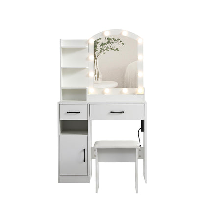 3 Color Lighting Modes With Adjustable Brightness, Dresser With 2 Drawers, Locker And Upholstered Stool, White