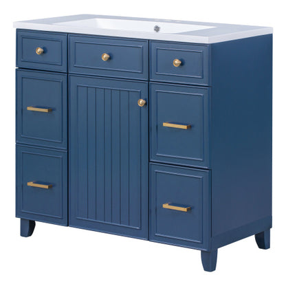 36  Bathroom Vanity Cabinet With Sink Top Combo Set, Navy Blue, Single Sink, Shaker Cabinet With Soft Closing Door And Drawer