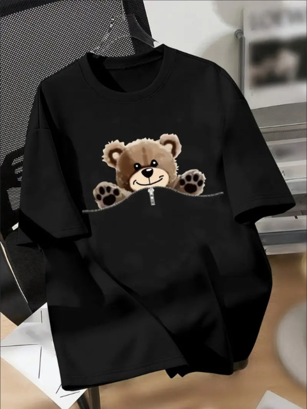 Boys' Casual Bear Graphic Tee -Machine Washable, Round Neck - Perfect For Spring Summer