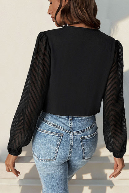 Black Mesh Puff Sleeve Textured Bodysuit