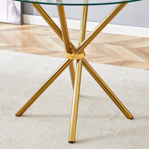 Round Clear Glass Dining Table With A Unique Shape For 4-6 People, Ring-shaped Gold Metal Legs, Suitable For Desks, Kitchens, Terraces, Dining Rooms. Unavailable Platforms- AliExpress