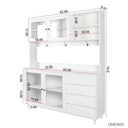 63W Large Kitchen Hutch Cabinet, Freestanding Pantry Cabinets Storage Kitchen Cupboard With 4 Doors, 4 Drawers & Microwave Shelf, White