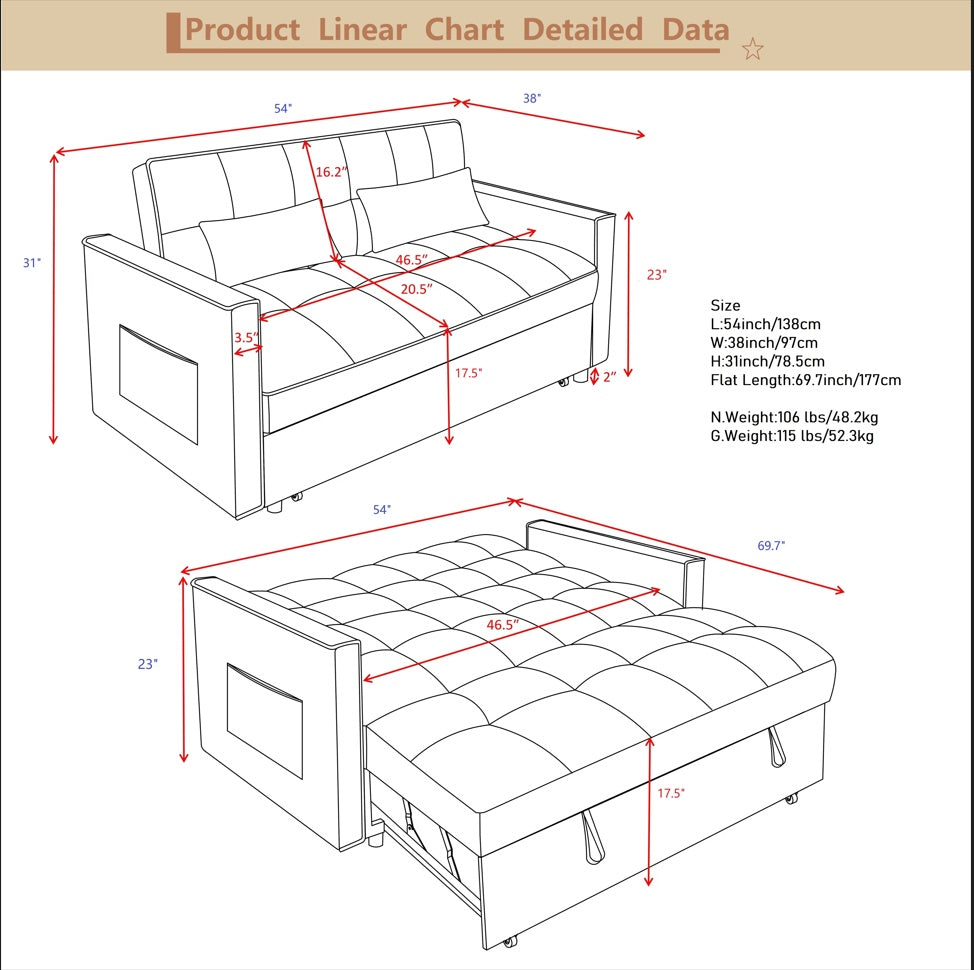 54 Inch Adjustable Backrest Sofa Or Sofa Bed, Futon Sofa With Double Armrests And Bag, Variable Bed 69.7 Inches  46.5 Inches