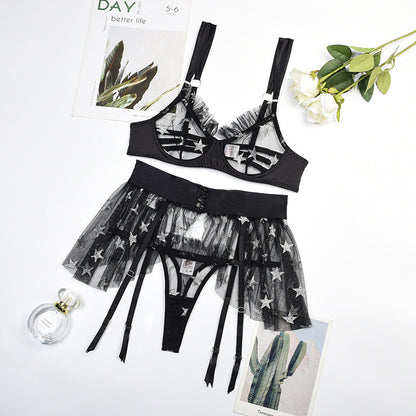 Printing See-through Mesh Underwear Three-piece Set