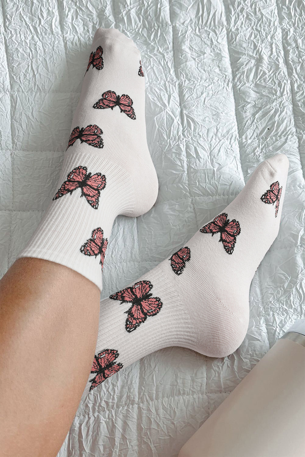 White Allover Butterfly Print Crew Socks