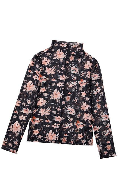 Black Floral Long Sleeve Slim Fit Mesh Top