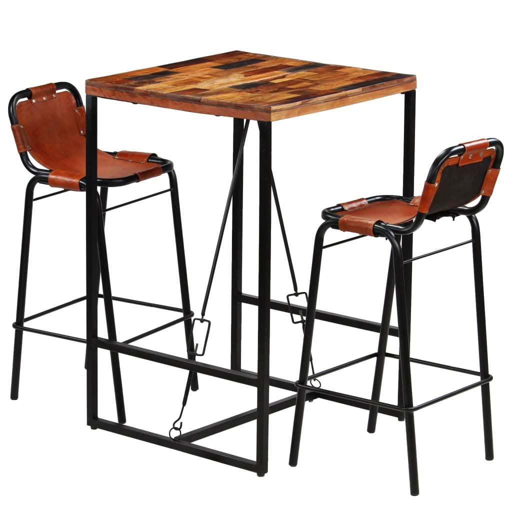 vidaXL Bar Set 3 Pieces Solid Reclaimed Wood and Genuine Goat Leather