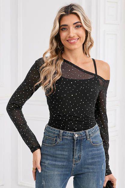 Black Asymmetric Neck Sequins Sheer Mesh Top