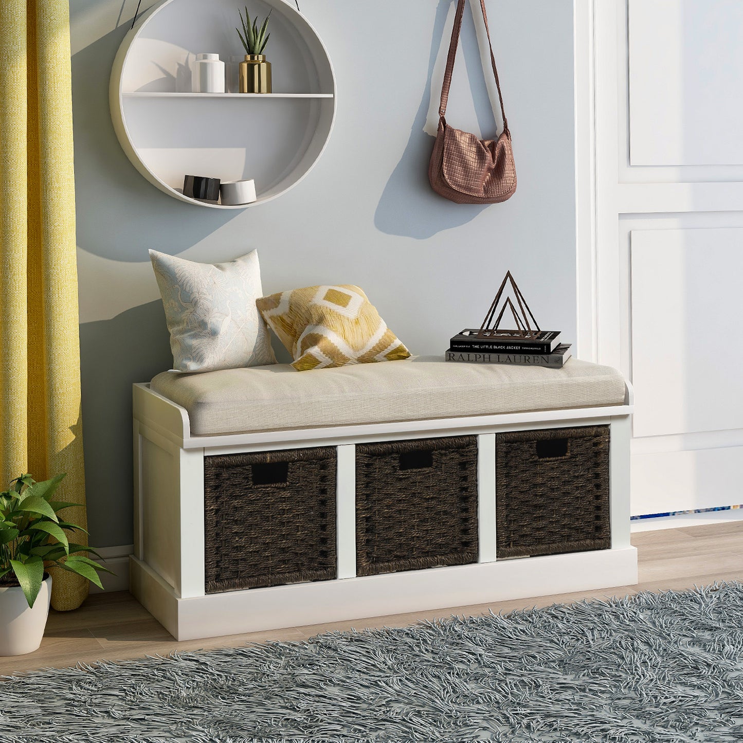 Rustic Storage Bench With 3 Detachable Classic Rattan Baskets