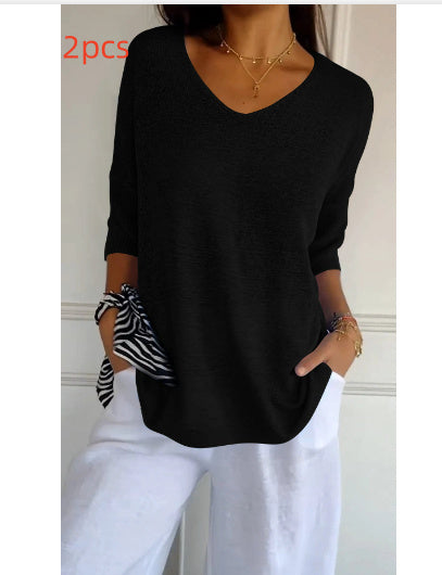 Solid Long Sleeve Sweater Slimming V-neckline Knitwear Women's Bottoming Shirt