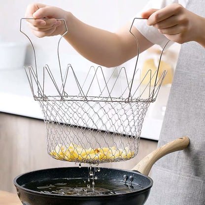 Stainless Steel Deep-fried Large Noodle Kitchen French Fries Tools Drain Basket Household Leak Net Spoon Folding Filter