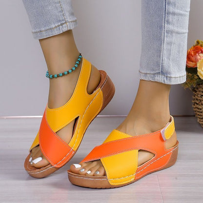 Summer Wedges Sandals With Colorblock Cross-strap Design Casual Thick-soled Roman Shoes For Women