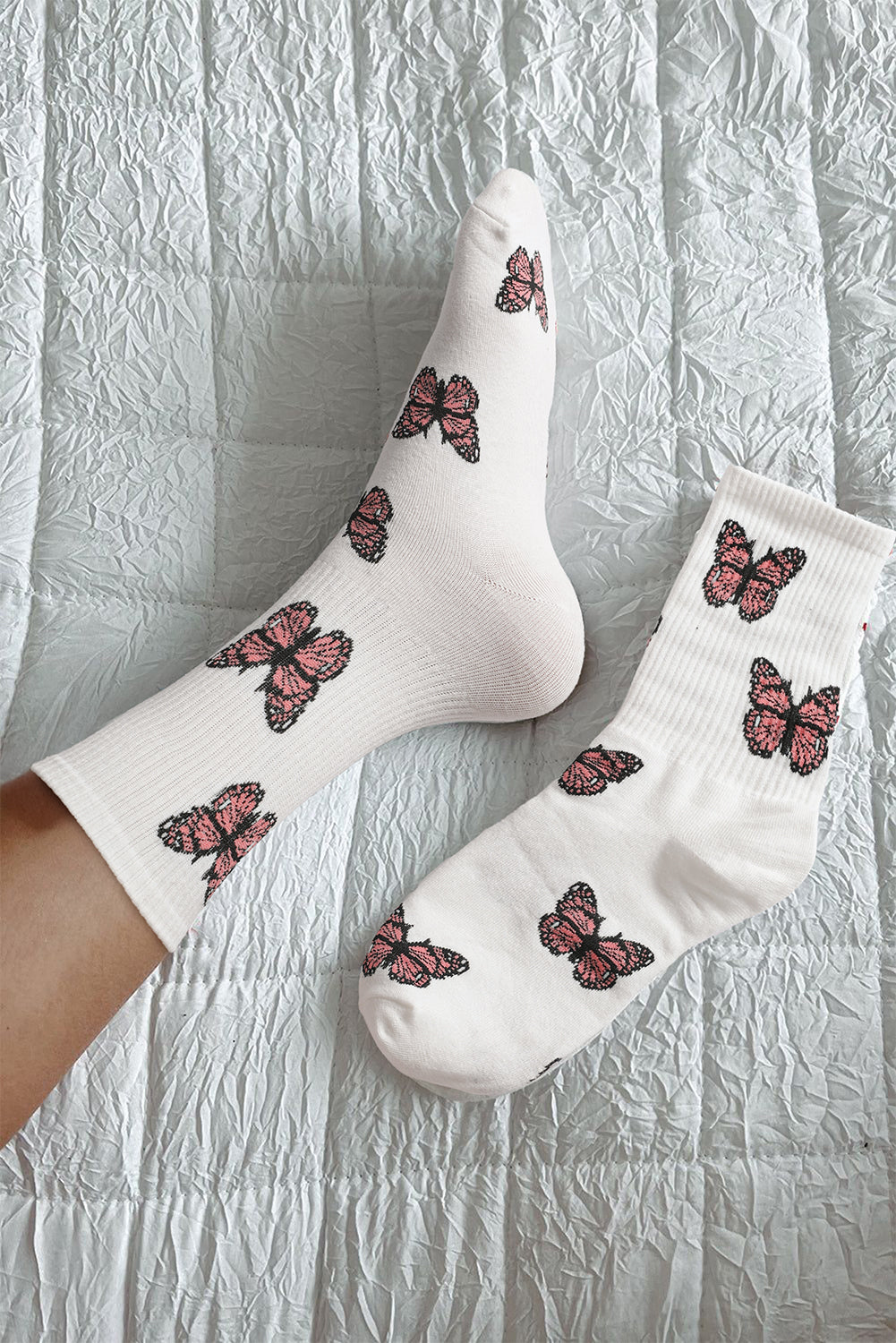 White Allover Butterfly Print Crew Socks