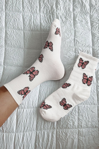 White Allover Butterfly Print Crew Socks