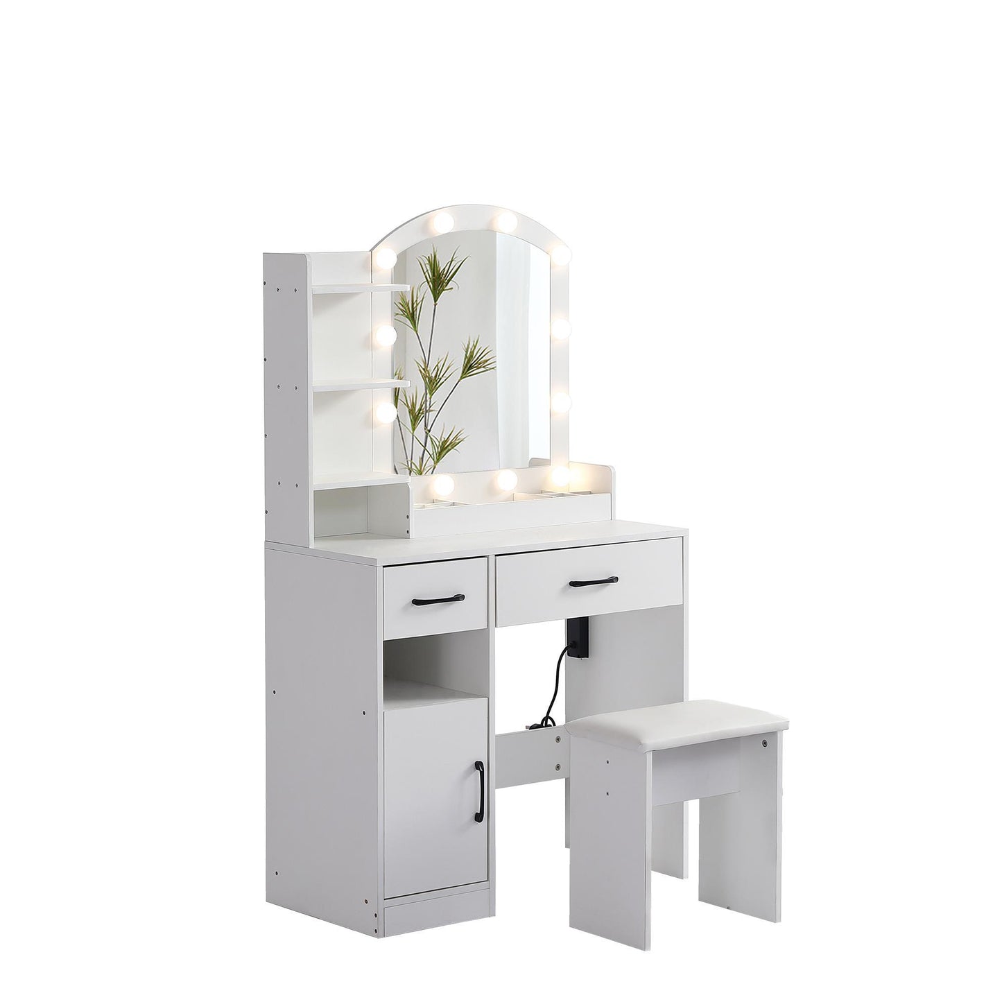 3 Color Lighting Modes With Adjustable Brightness, Dresser With 2 Drawers, Locker And Upholstered Stool, White