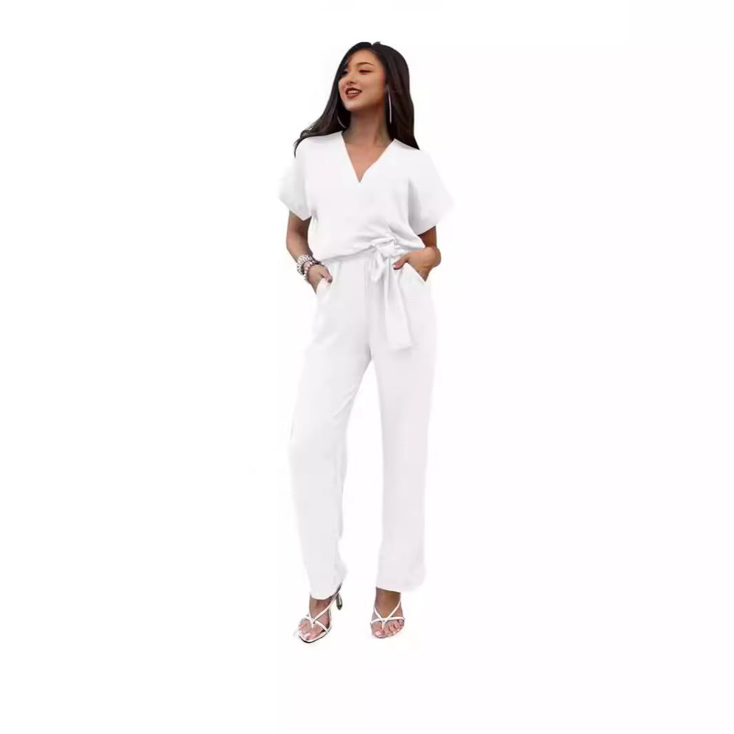 Women's Short-sleeved V-neck Pocket Jumpsuit