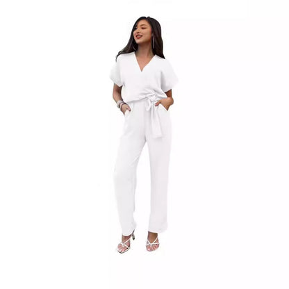 Women's Short-sleeved V-neck Pocket Jumpsuit