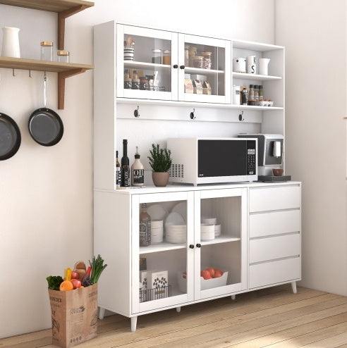 63W Large Kitchen Hutch Cabinet, Freestanding Pantry Cabinets Storage Kitchen Cupboard With 4 Doors, 4 Drawers & Microwave Shelf, White