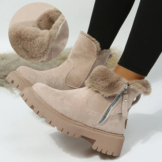 Women's Snow Boots Winter Warm Foldable Plush Tube Short Boot Solid Color Round-toe Platform Shoes