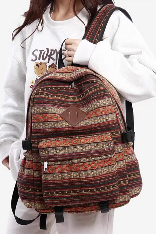 Coffee Boho Geometric Print Backpack Bag