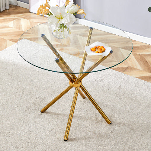 Round Clear Glass Dining Table With A Unique Shape For 4-6 People, Ring-shaped Gold Metal Legs, Suitable For Desks, Kitchens, Terraces, Dining Rooms. Unavailable Platforms- AliExpress