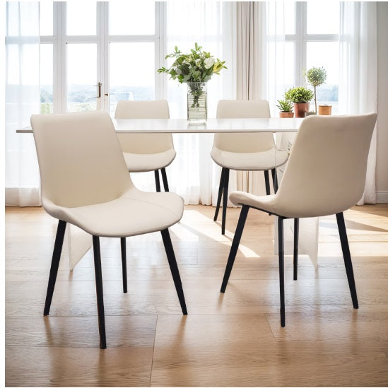 Beige PU Leather Dining Chair With Metal Legs, Modern Upholstered Chair Set Of 2 For Kitchen