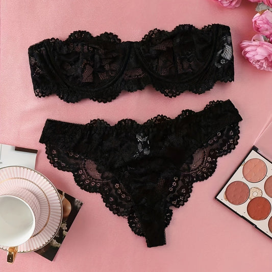 Black Floral Lace Underwear Suit