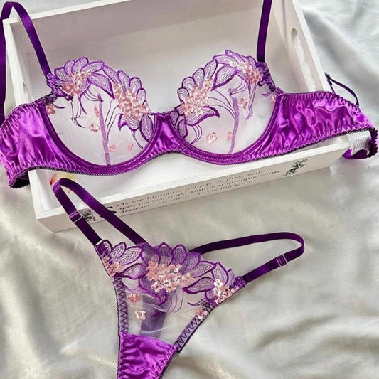 Purple Embroidered Ribbon Steel Ring Underwear Suit Women